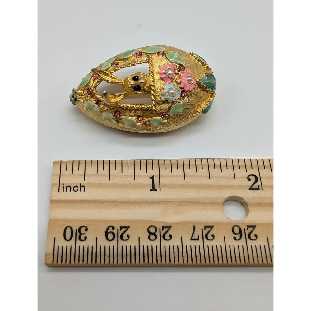 Vtg Mylu Easter Egg Bunny Brooch Pin Rhinestone Enamel Gold Tone